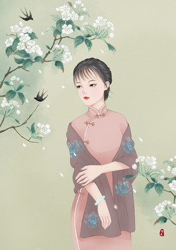 梨花下的旗袍女人插画
