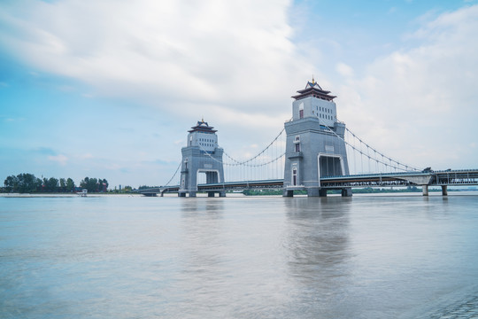 淮河上的扬州万福大桥和自然风光