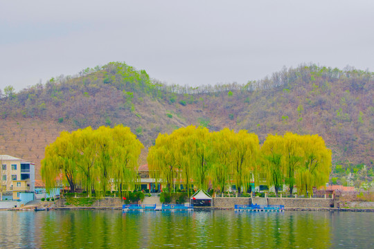 上河口河岸树木建筑与群山峰