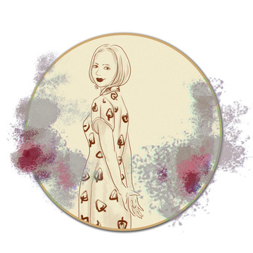 旗袍美女水墨中国风线描装饰画