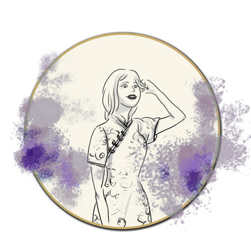 旗袍美女水墨中国风线描装饰画