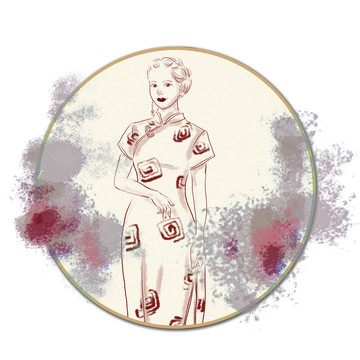 旗袍美女水墨中国风线描装饰画