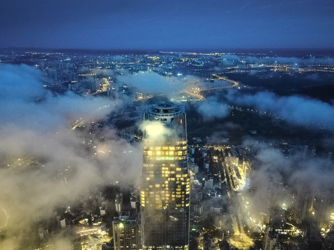 南宁地标东盟商务区夜景航拍