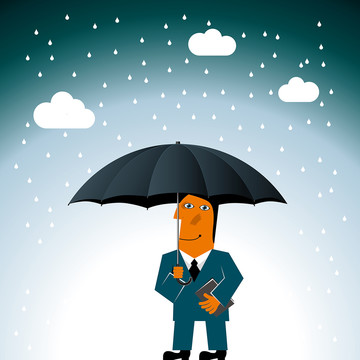 一名商人撑开雨伞避雨