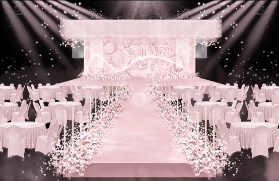手绘粉色婚礼舞台效果图小众