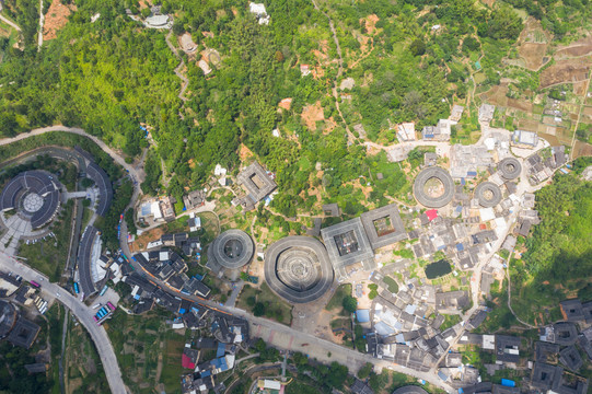 福建龙岩永定土楼群航拍