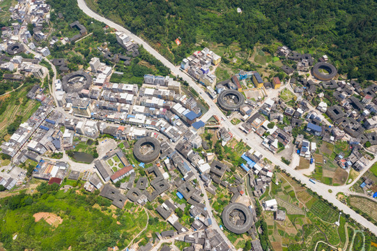 福建龙岩永定土楼群航拍