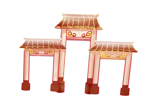 原创手绘中国风古典门楼建筑插画