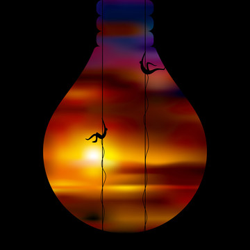 两人在灯泡形状的夕阳下攀岩