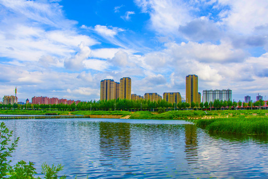 万水河多高层建筑群与水坝