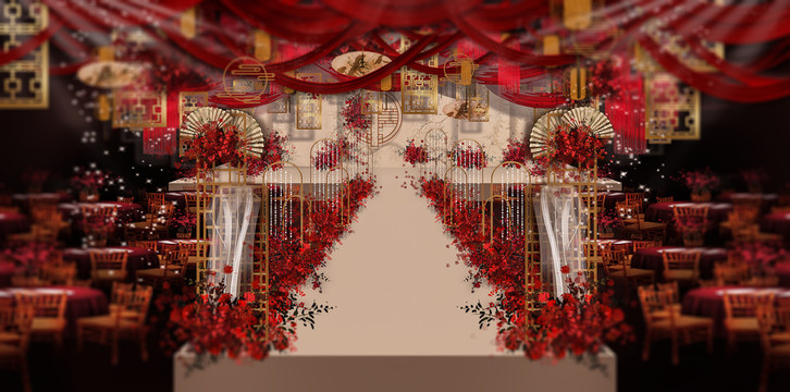 手绘中式传统香槟婚礼舞台效果图