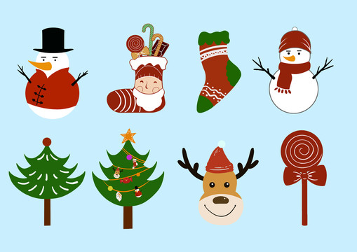 卡通圣诞树雪人袜子礼物糖果插画