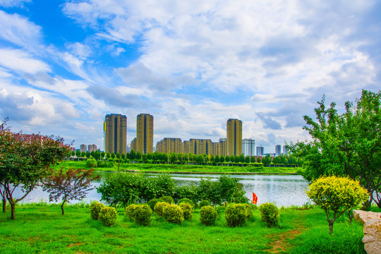 万水河对岸多高层建筑群与树木