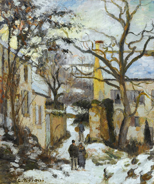 毕沙罗冬天乡村道路风景油画