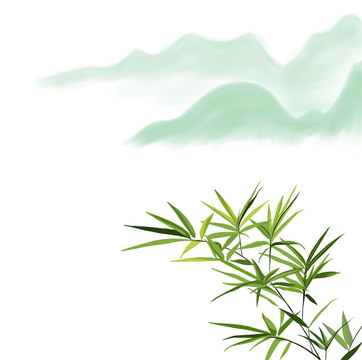 手绘绿色古典竹叶远山风景插画