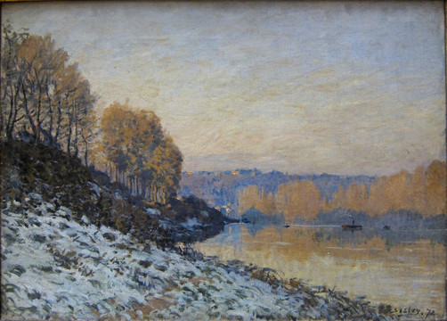 西斯莱冬天水边的树木油画