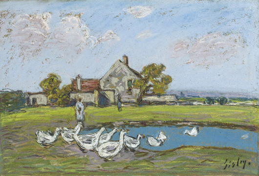 西斯莱水边的草地和白鸭子