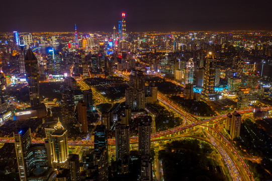 上海静安CBD航拍夜景