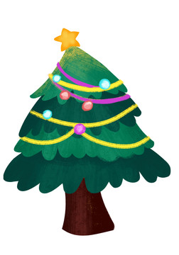 手绘卡通彩灯圣诞树装饰插画
