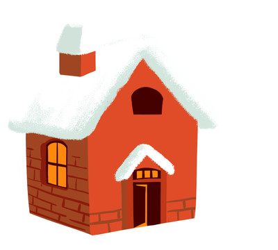 手绘冬天卡通红色房子房屋插画