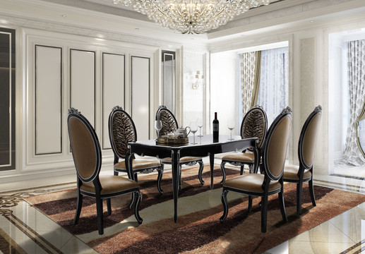 法式黑檀亮光实木餐桌餐椅家具