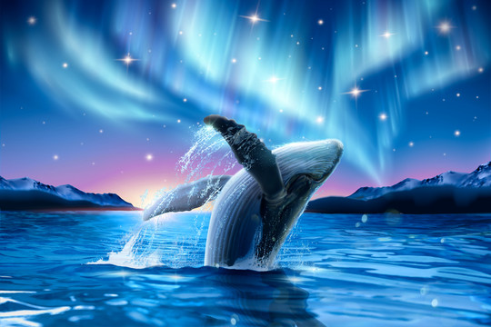 座头鲸跃出水面与绝美极光背景