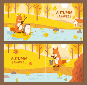 秋天金黄色动物享受旅行钓鱼广告
