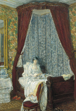 蔡尔德·哈萨姆坐在床上贵夫人油画