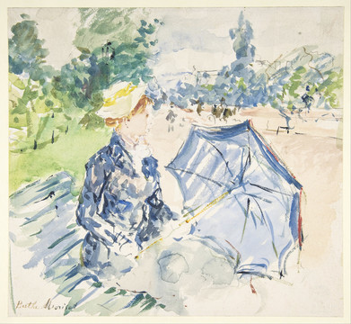 贝尔特·莫里索撑伞的女人坐在公园