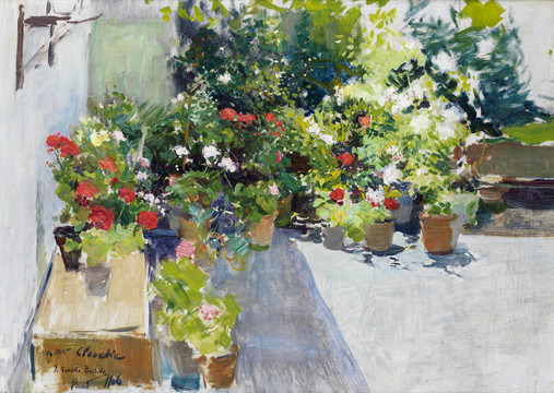 华金索罗拉花卉花园小院油画