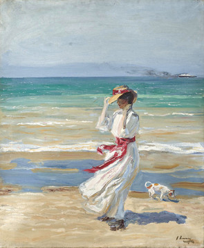 华金索罗拉海边的白衣少女和狗油画
