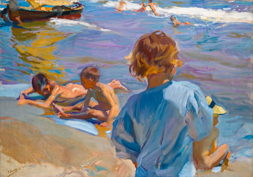 华金索罗拉海边嬉水的小孩油画