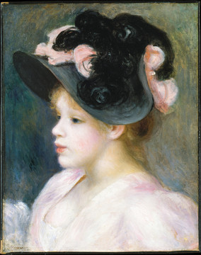 雷诺阿戴着粉红色和黑色帽子的年轻女孩