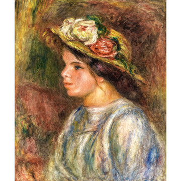 雷诺阿带帽子的女子肖像油画
