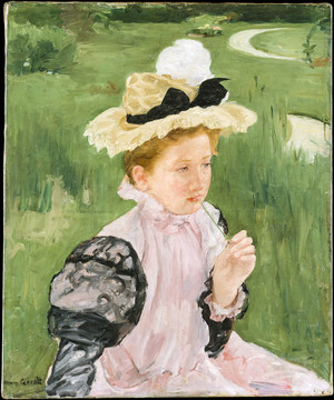 玛丽·卡萨特口含香草的女孩油画