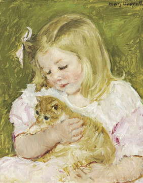 玛丽·卡萨特小女孩与猫油画