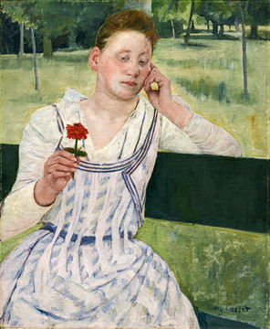 玛丽·卡萨特拿着红色百日菊的女人油画