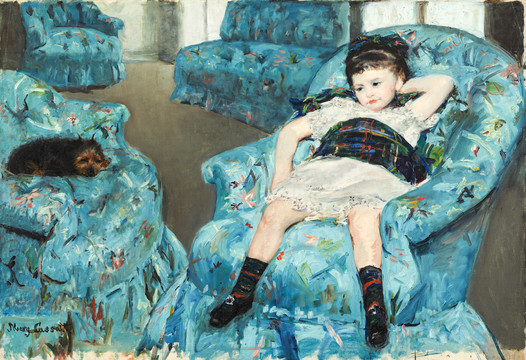 玛丽·卡萨特坐在蓝色扶手椅上的少女
