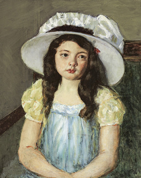 玛丽·卡萨特戴白色帽子的小女孩油画