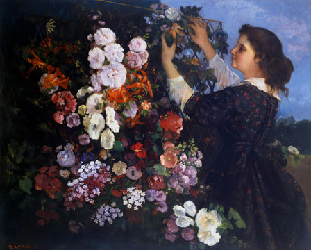 居斯塔夫·库尔贝摘鲜花的美女油画