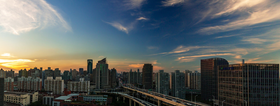 上海城市夕阳风光鲁班路立交全景