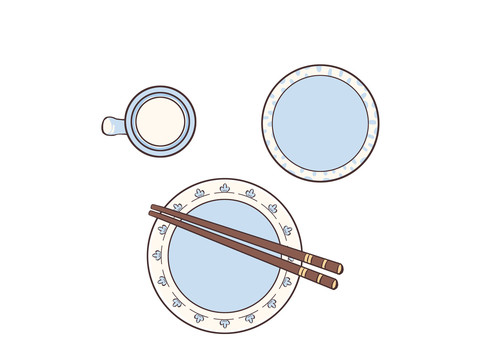 一套白底蓝花餐具碟碗盘勺筷插画