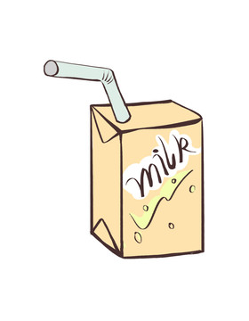 手绘卡通扁平勾线一盒牛奶插画