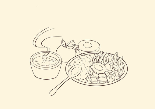 营养肉蛋奶菜米合理搭配饭食线稿