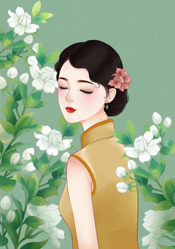 面膜花茶旗袍美人包装插画