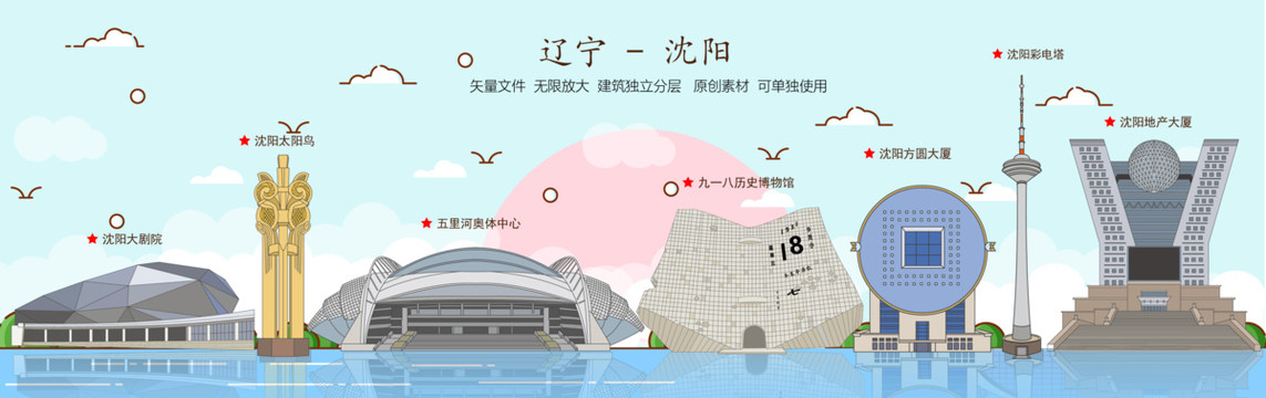 沈阳天际线矢量插画地标建筑