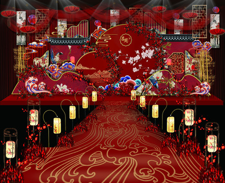 红蓝中式婚礼舞台