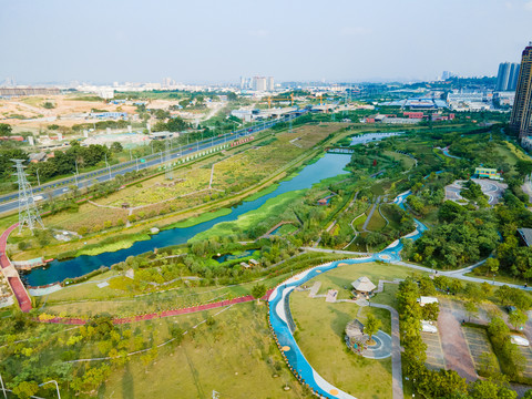 航拍广西南宁那考河湿地公园