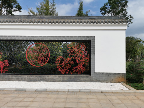 新中式照壁影壁镂空雕花景观墙