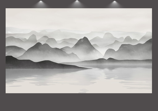 现代简约意境新中式山水背景壁画